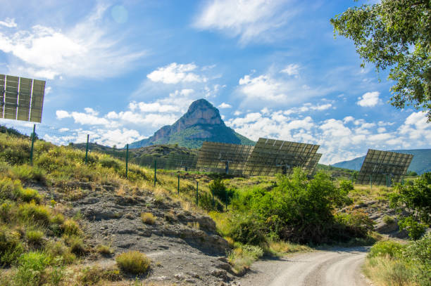 Modern solar panels situated in Organya stock photo