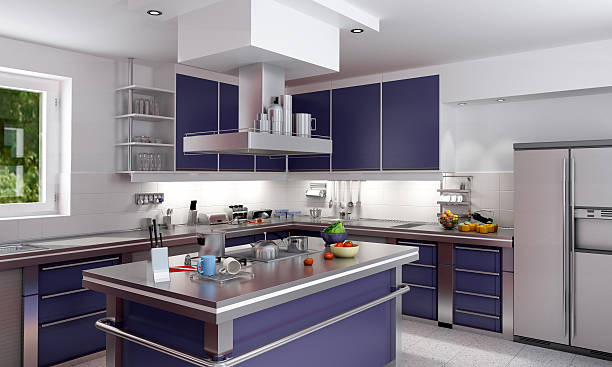 Modern stainless steel and cobalt blue dream kitchen  stock photo
