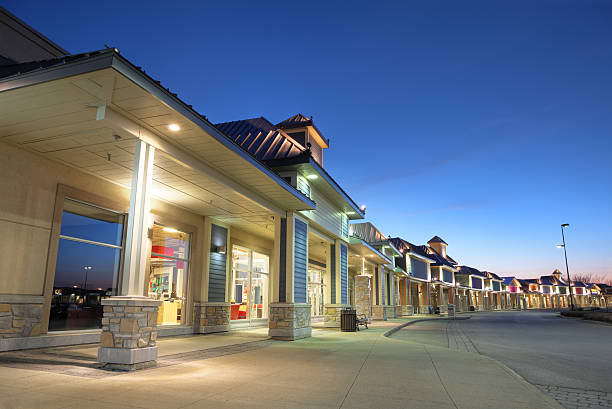 Modern Store Building Exteriors at Sunset stock photo