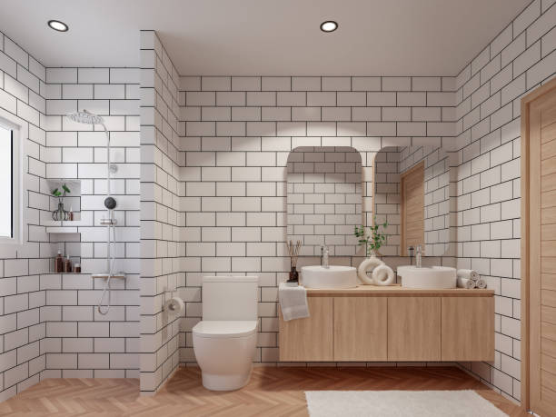 Modern style white bathroom with brick pattern tile wall 3d render stock photo