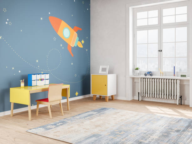 Modern Teen Bedroom in Space Style Modern Teen Bedroom in Space Style carpet decor stock pictures, royalty-free photos & images