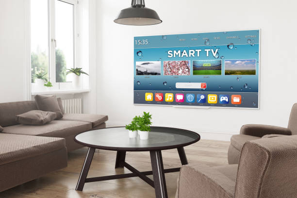 modern television smart tv modern panoramic smart tv on a 3d rendering living room with smart tv on screen video on demand stock pictures, royalty-free photos & images