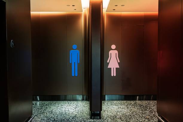 signe moderne de toilette, illustration de silhouette d'homme et de femme, signe de toilette - porte salle de bain photos et images de collection