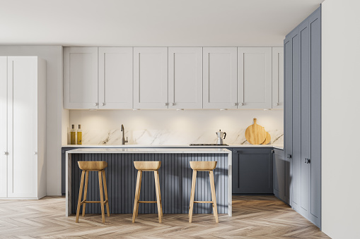 Interior of stylish kitchen with white and gray walls, wooden floor and bar. 3d rendering