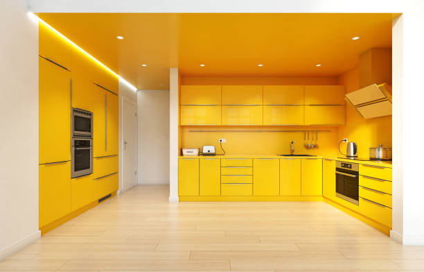 modern yellow color kitchen interior. stock photo
