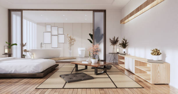 Modern Zen bed and decoartion plants in japanese bedroom. 3D rendering. stock photo