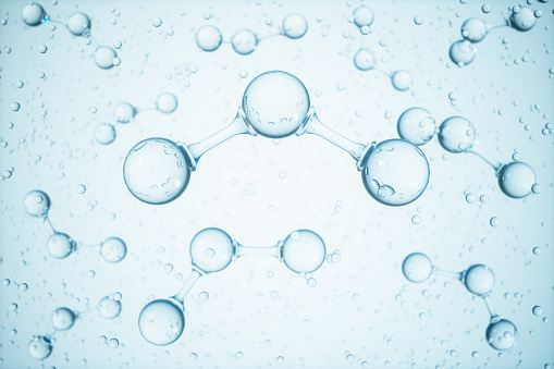Molecular Structure Of Ozone With Transparent Bubbles And Blue Background.