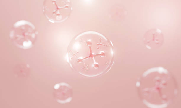 molecule inside bubble on pink background, concept skin care cosmetics solution. 3d rendering. collagen stock pictures, royalty-free photos & images