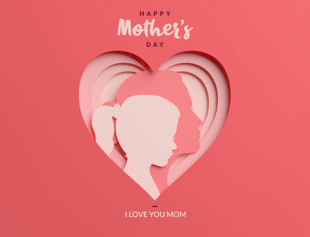 Mom and daughter papercut silhouettes inside a heart. Happy Mother's Day elegant greeting card background in 3D rendering with stylish lettering and text stock photo