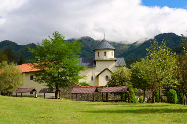 Monastery of Moraca on background of mountains on sunny day, Montenegro stock photo