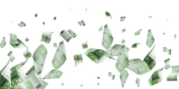 money falling. banknote falling isolated textures on white background. - notas euros voar imagens e fotografias de stock