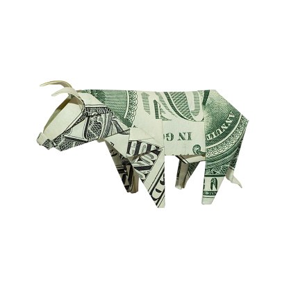 Money Origami Cow Folded With Real One Dollar Bill Isolated