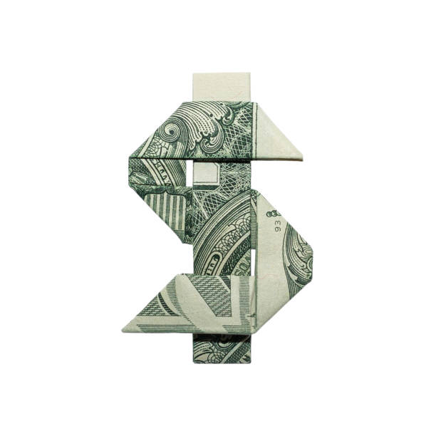 money origami dollar sign piegato con una vera fattura da un dollaro isolata su sfondo bianco - origami foto e immagini stock