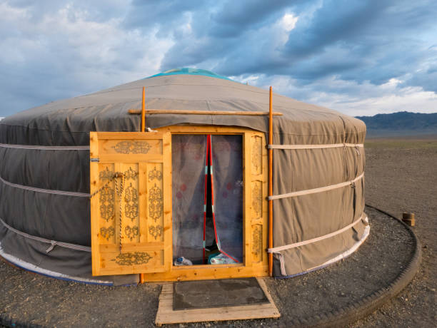 Mongolia landscape with yurta in the Gobi Desert stock photo