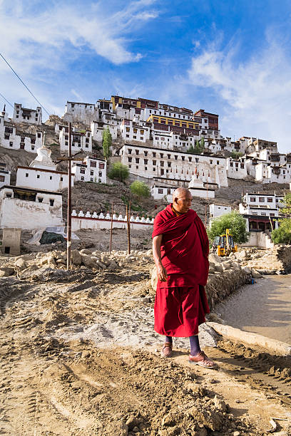 Monk in tibetan monastery Thiksey Gompa Ladakh, India - August 8, 2015: Buddhist Monk in tibetan monastery Thiksey Gompa in Ladakh, India. leh district stock pictures, royalty-free photos & images