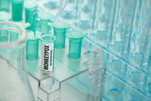 Monkeypox virus in laboratory vials. pipette and test tubes stock photo