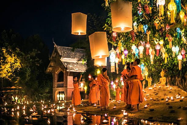 Monks at Phan Tao temple during the Loi Krathong Festival stock photo