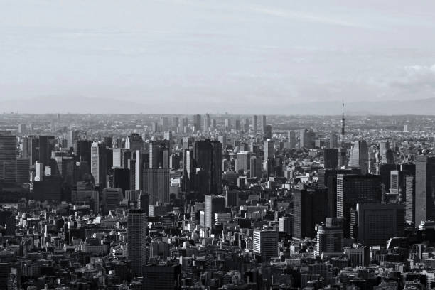 東京駅から新橋駅まで並ぶ建物のモノクロ風景 - 大手町 ストックフォトと画像