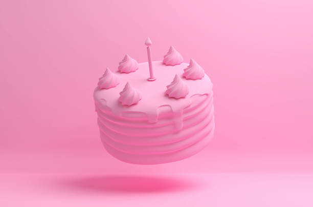 imagem rosa monocromática com um bolo de aniversário voador em um fundo sólido. ilustração 3d - bolo - fotografias e filmes do acervo