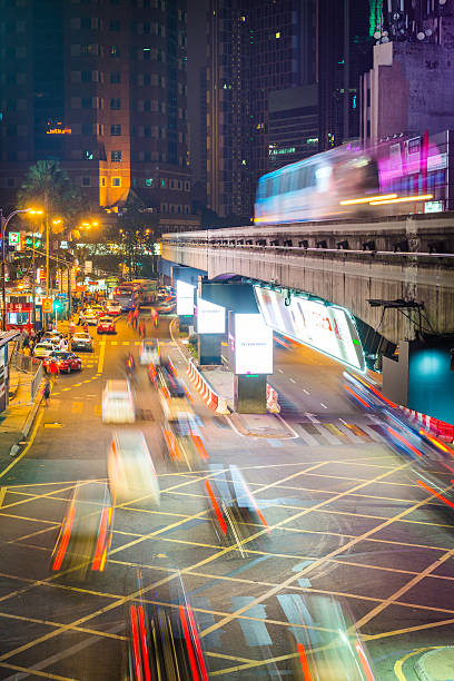 Monorail traffic zooming through busy neon night city Kuala Lumpur High angle view onto the zooming traffic, speeding monorail, pedestrian crossing and busy streets of Bukit Bintang, illuminated at night by colourful neon signs in the heart of Kuala Lumpur, Malaysia's vibrant capital city. ProPhoto RGB profile for maximum color fidelity and gamut. bukit bintang stock pictures, royalty-free photos & images