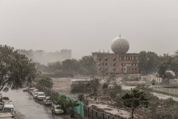 Monsoon rain in New Delhi India. Weather station at the Delhi airport. stock photo