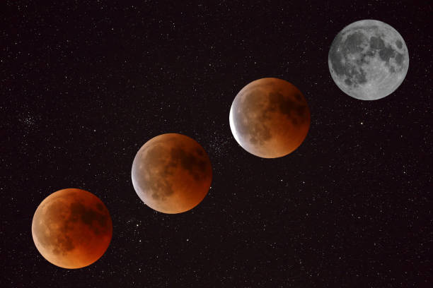 Montage with the phases of a total lunar eclipse Lunar eclipse blood moon stock pictures, royalty-free photos & images