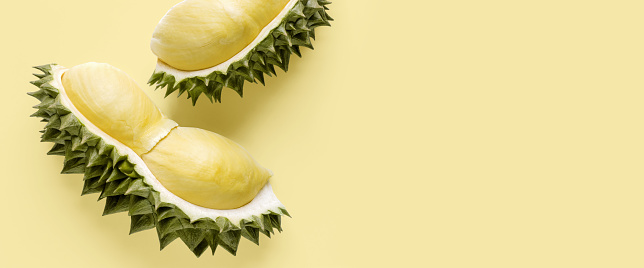 Fresh cut durian on a pastel yellow background, king of fruit from Thailand, creative food concept, banner background with clipping path