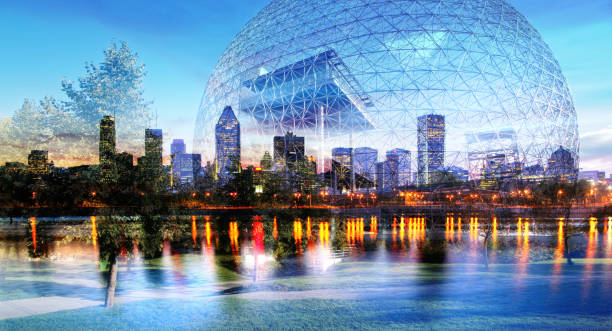 Montreal and Biosphere Photo Montage Photo Montage of Montreal Cityscape and Its Biophere Building 

( For inspector: made with 2 already accepted Istock images ) buzbuzzer montreal city stock pictures, royalty-free photos & images