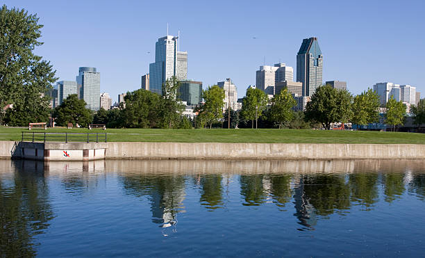 Montreal skyline and Canal de Lachine stock photo