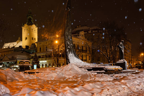 памятник тарасу шевченко во львове ночью зимой - shevchenko стоковые фото и изображения