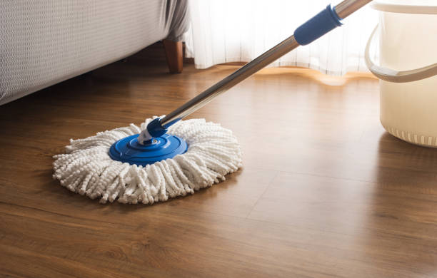 Mop cleaning on wooden floor stock photo