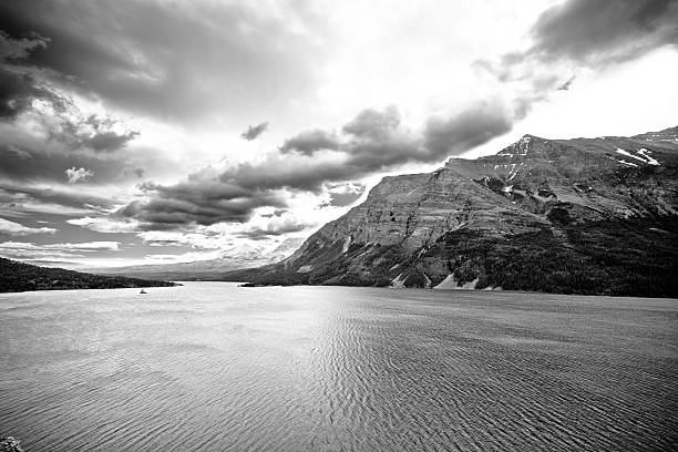 Moraine Lake And Mountain in Montana (Black & White) stock photo