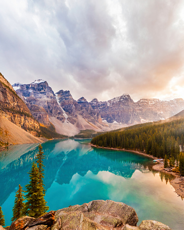 A beautiful and unique image of Moraine Lake in Banff National Park, Alberta, Canada, during sunset. An HDR treatment was used to captured all the dramatic colours and tonal depth. 