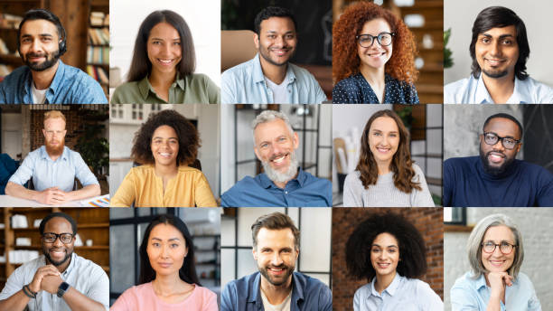 Morning meeting online. Shared screen with multiracial colleagues  headshot photography stock pictures, royalty-free photos & images