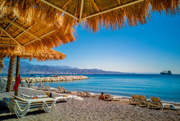 Morning on central public beach of the Red Sea in Eilat stock photo