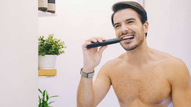 Morning routine for beautiful smile stock photo