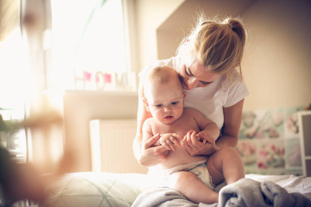 Morning routine with my baby son. stock photo