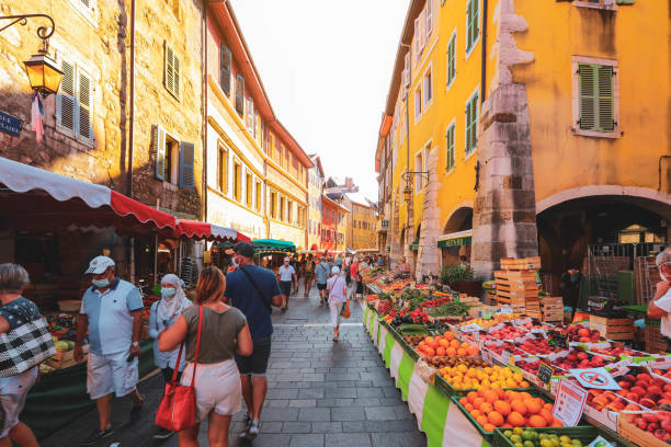 Morning street market in Annecy stock photo