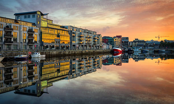 morning view on Dock with boats reflected in water, HDR  galway stock pictures, royalty-free photos & images