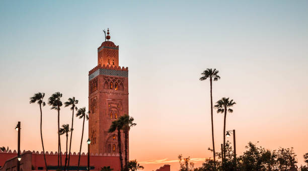 Morocco Marrakesh Mosque silhouette sunset Koutoubia mosque in Marrakesh koutoubia mosque stock pictures, royalty-free photos & images