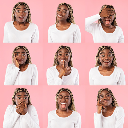 Different Emotions Collage. Composite mosaic set of african american female emotional portraits. Young black woman grimacing and reacting on camera at pink studio background, image montage