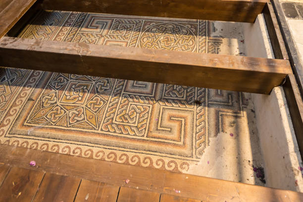 Mosaic floor discovered in the Church of the Nativity of Bethlehem during the process of restoration work in August, 1934. Excavation uncovered the Byzantine mosaic floor laid in 4th century. stock photo