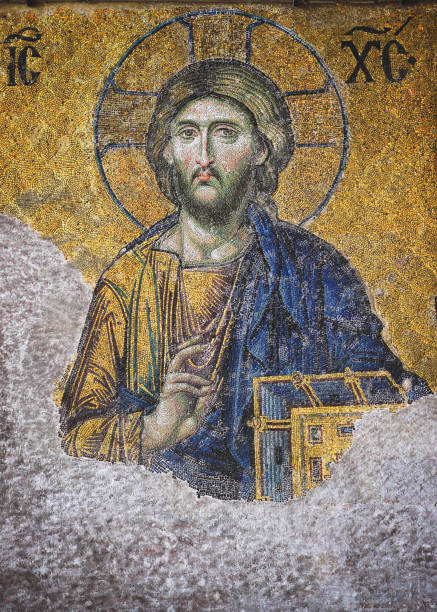 Mosaic Image of Jesus Christ Istanbul, Turkey - May 28, 2011: Religious mosaics on the wall coming out under the plaster of the original Byzantine Hagia Sofia in Istanbul. byzantine stock pictures, royalty-free photos & images