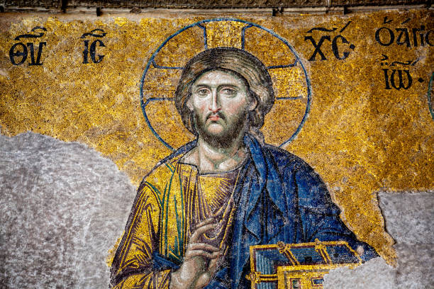 Mosaic Of Jesus From The Hagia Sophia Mosaic From The Byzantine Era In The Hagia Sophia Of Istanbul, Turkey byzantine stock pictures, royalty-free photos & images