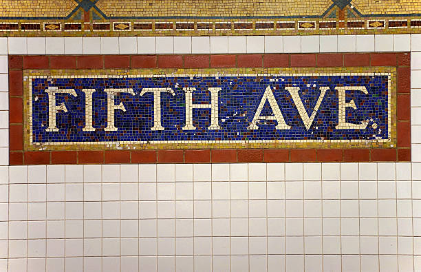 Mosaic sign at The Fifth Avenue Subway Station in Manhattan stock photo