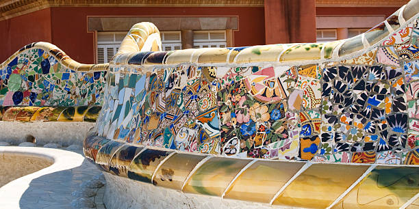 Mosaic work by Antoni Gaud&#237; at Park G&#252;ell, Barcelona, Spain stock photo