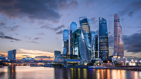Skyscrapers of the Moscow International Business Center at sunset.