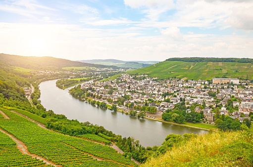 Moselle Valley Germany: View from Landshut Castle to the old town Bernkastel-Kues with vineyards and river Mosel in summer, Germany Europe
