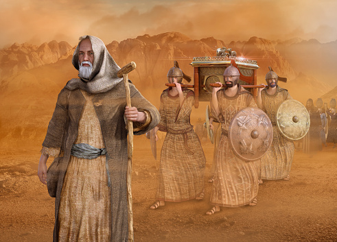 Biblical Moses leads the Isrealites through the desert Sinai during the Exodus, in the wilderness, in search of the Promised Land with the Ark of the Covenant, 3d render painting