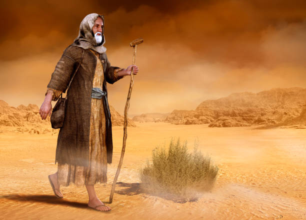 Moses walks through Sinai desert Exodus Biblical Moses walks through the Sinai desert, the wilderness, in search of the Promised Land, 3d render painting nomadic people stock pictures, royalty-free photos & images